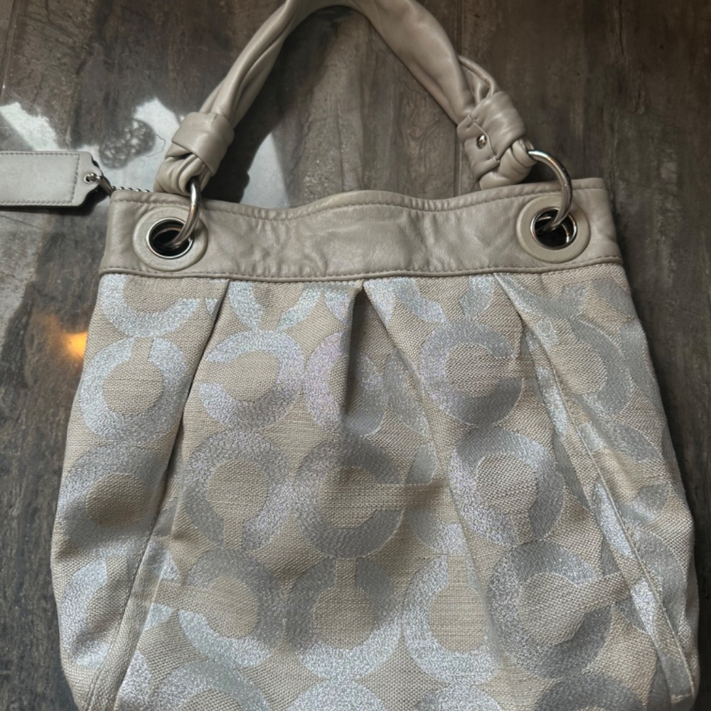 Coach Metallic Silver and Taupe Signature Hobo Bag - Picture 8 of 12